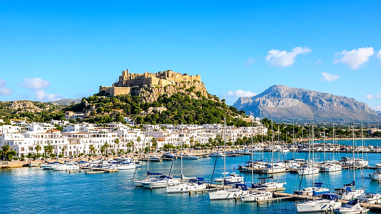 Sunny marina, castle and turquoise sea in D&eacute;nia